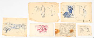 Plusieurs dessins représentant des personnes et des animaux figurent sur une feuille de papier.
