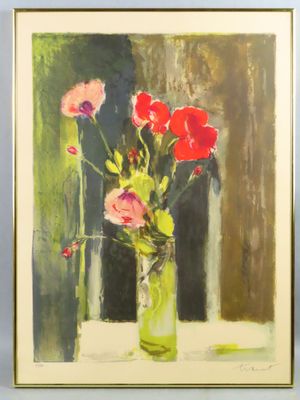 une peinture de fleurs dans un vase sur une table