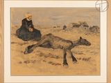 an image of a painting of a woman sitting next to a horse