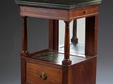 an image of a small wooden table with a marble top