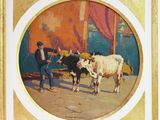 painting of a man leading two cows in a stable