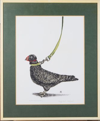a drawing of a bird with a leash on it ' s neck