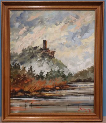 an oil painting of a castle sitting on top of a hill