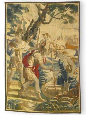 an image of a tapestry with a painting of a man holding a sword