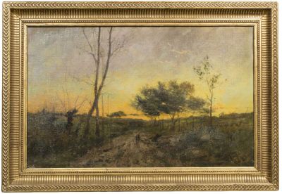 un tableau représentant un paysage avec des arbres et une route au premier plan