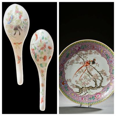 two spoons and a plate with a picture of a woman on them