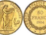 une pièce d'or sur laquelle figure une femme tenant un panier