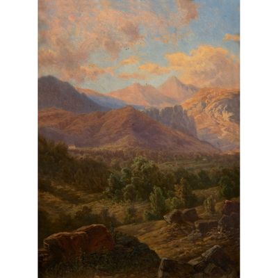 un tableau représentant un paysage de montagne avec du bétail paissant au premier plan
