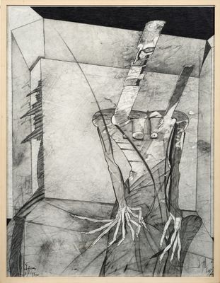 an image of a drawing of a vase with a plant growing out of it