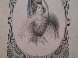 an old picture of a woman wearing a hat and a dress