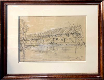 dessin représentant une maison dans une zone inondée, avec un bateau dans l'eau
