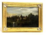 an image of a painting of a castle with a waterfall in the foreground