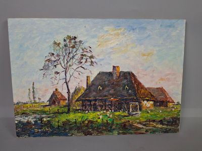 an oil painting of a farm scene with a house and a tree