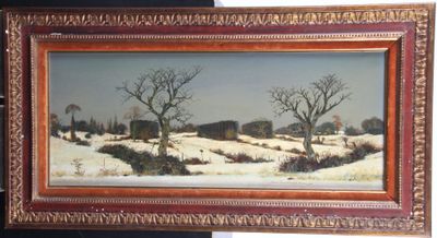 tableau représentant un paysage enneigé avec des arbres et un moulin à vent au loin