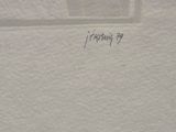a painting of a white building with a window and a sign on it