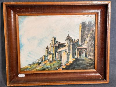 une peinture à l'huile représentant un château, dans un cadre en bois sur fond noir