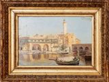 une peinture à l'huile d'une scène portuaire avec des bateaux dans l'eau