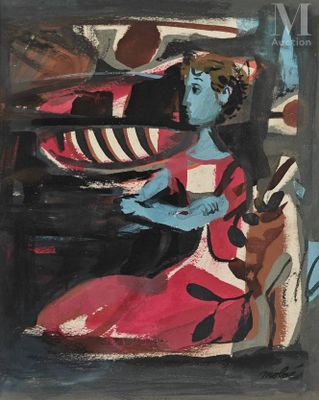 an image of a painting of a woman in a red dress