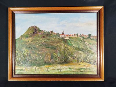 a painting of a hill with a village on top of it