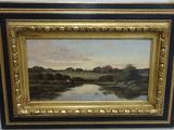 an oil painting of a landscape with a river in the foreground