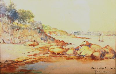 peinture d'une scène de plage avec des rochers et de l'eau
