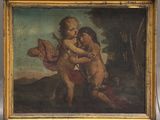 un vieux tableau représentant une femme tenant un enfant à cheval