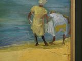 a painting of a woman and a cow on the beach
