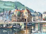 painting of boats in a harbor with buildings and hills in the background