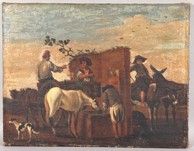 un vieux tableau représentant un groupe de personnes à cheval et un chien