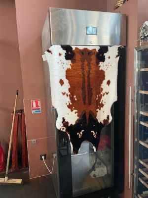 une image représentant un réfrigérateur sur lequel est posé un cuir de vache