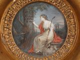 a picture of a painting of a woman sitting on a bench