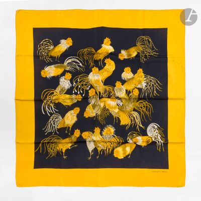yellow and black silk scarf with roosters and roosters on it