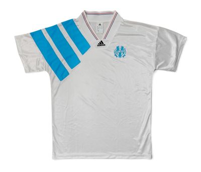 a white and blue shirt with a blue stripe on the chest