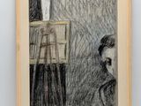 drawing of a woman sitting in front of a painting on a easel