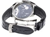 a watch that is sitting on a black leather strap