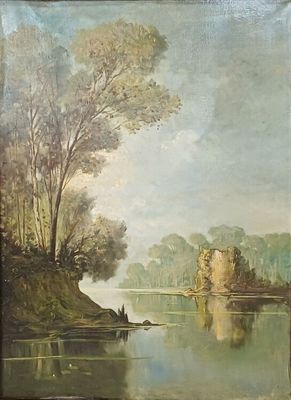 tableau représentant une scène fluviale avec un bateau au premier plan et des arbres à l'arrière-plan