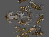 un assortiment d'objets anciens en laiton et en verre posés sur un support gris