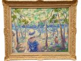 tableau représentant une femme coiffée d'un chapeau de paille, assise sur un banc au bord d'une rivière