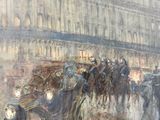 a painting of a group of people riding in a horse drawn carriage