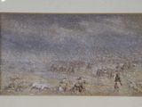 a picture of a painting of a man riding a horse in the snow