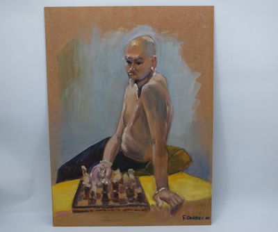 une peinture à l'huile représentant un homme en train de jouer aux échecs