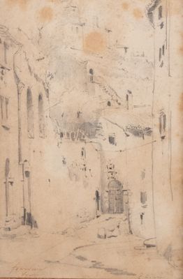 un vieux dessin représentant une rue avec un immeuble en arrière-plan