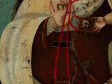 an image of a painting of a woman holding a red ribbon