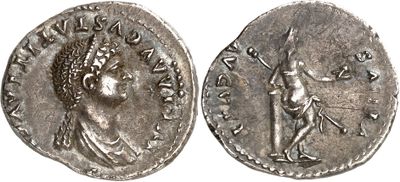 a silver coin with an image of a woman holding a sword