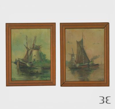 deux tableaux représentant des bateaux dans un port, avec un phare en arrière-plan