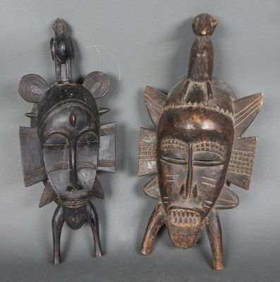 Voici deux masques africains exposés sur une surface grise