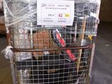 a cart full of luggage in a warehouse with a sign on top of it