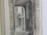 drawing of a doorway in an old building with a cat sitting in the doorway