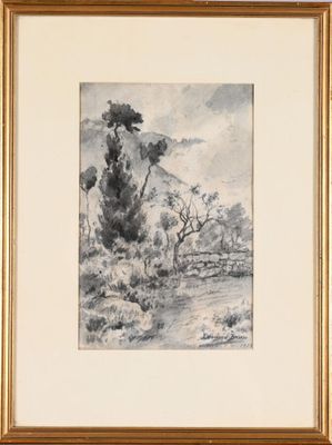 une image d'un tableau représentant un paysage avec des arbres au premier plan