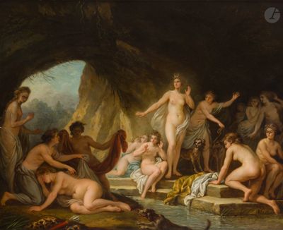 tableau représentant un groupe de nus dans une grotte au bord d'une rivière